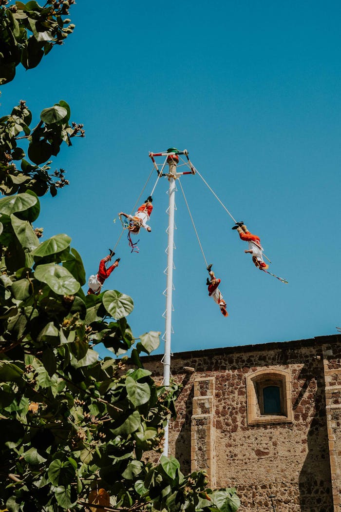 Papantla Flyers performing a traditional Mexican dance in a summer setting.