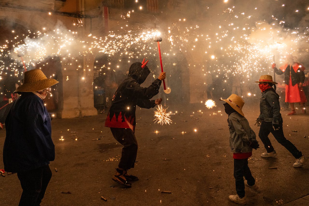 Festive night scene of traditional fire celebration in Les Borges Blanques, Spain.